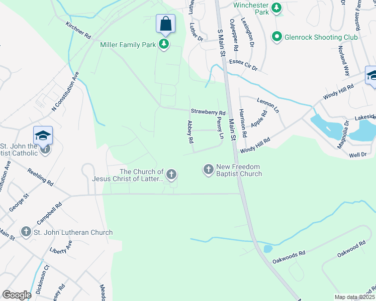 map of restaurants, bars, coffee shops, grocery stores, and more near 120 Abbey Road in New Freedom
