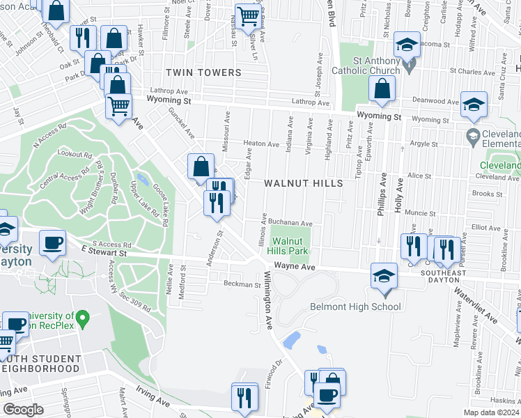 map of restaurants, bars, coffee shops, grocery stores, and more near 253 Illinois Avenue in Dayton