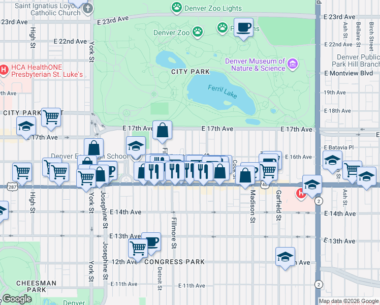 map of restaurants, bars, coffee shops, grocery stores, and more near in Denver