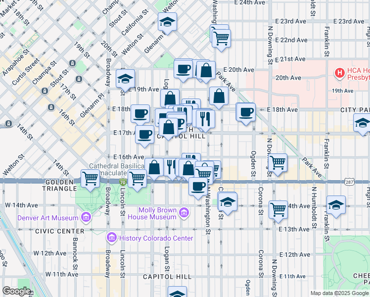 map of restaurants, bars, coffee shops, grocery stores, and more near 1644 Pennsylvania Street in Denver