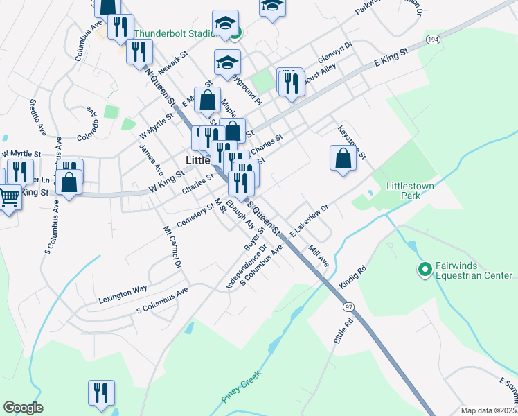 map of restaurants, bars, coffee shops, grocery stores, and more near 318 South Queen Street in Littlestown