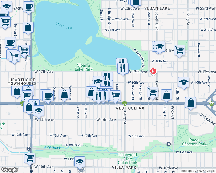 map of restaurants, bars, coffee shops, grocery stores, and more near 1565 Raleigh Street in Denver