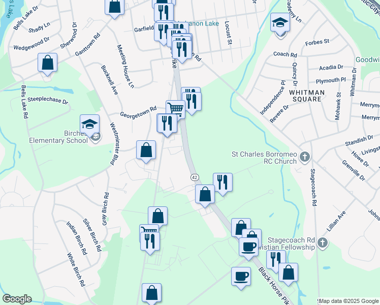 map of restaurants, bars, coffee shops, grocery stores, and more near 4500 Black Horse Pike in Washington Township
