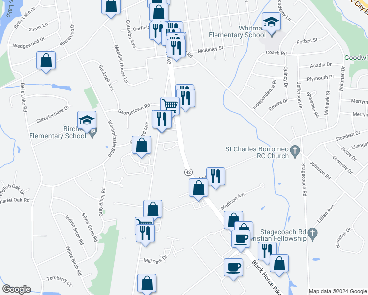 map of restaurants, bars, coffee shops, grocery stores, and more near 4500 Black Horse Pike in Washington Township
