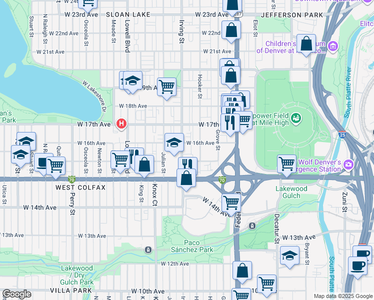 map of restaurants, bars, coffee shops, grocery stores, and more near 1578 Irving Street in Denver