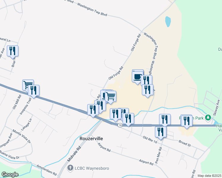 map of restaurants, bars, coffee shops, grocery stores, and more near 12949 Washington Township Boulevard in Waynesboro