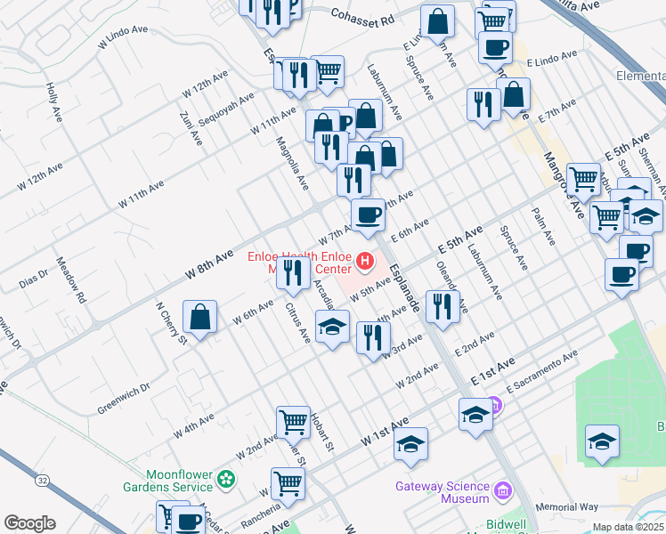 map of restaurants, bars, coffee shops, grocery stores, and more near 220 West 6th Avenue in Chico