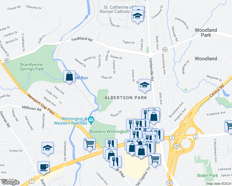 map of restaurants, bars, coffee shops, grocery stores, and more near 2151 Lori Drive in Wilmington