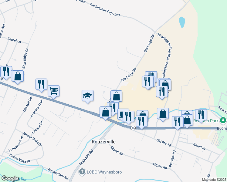 map of restaurants, bars, coffee shops, grocery stores, and more near 12855 Old Forge Road in Waynesboro