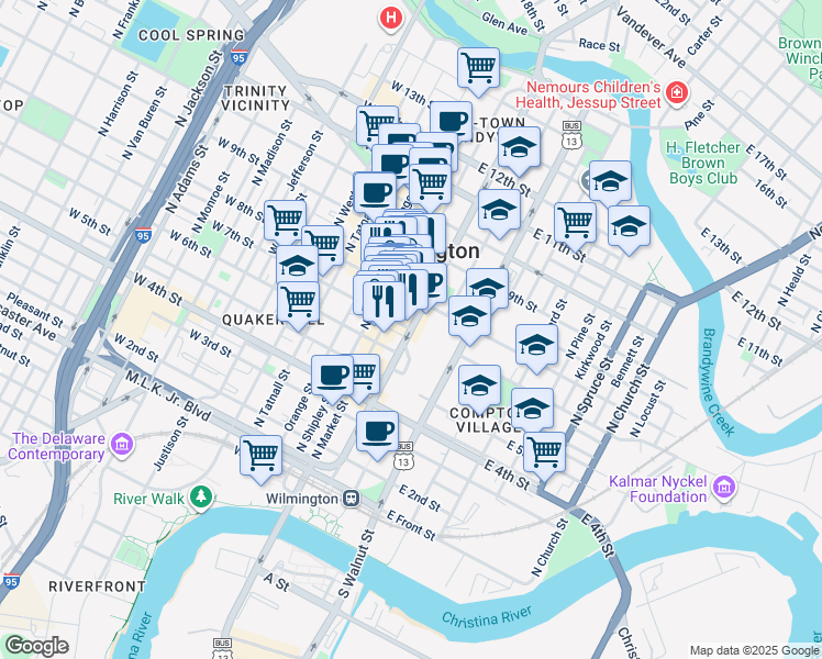 map of restaurants, bars, coffee shops, grocery stores, and more near 105 East 7th Street in Wilmington