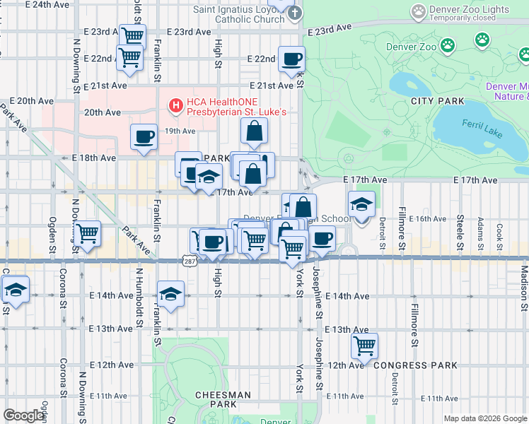 map of restaurants, bars, coffee shops, grocery stores, and more near 1645 Vine Street in Denver