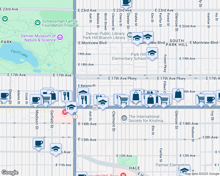map of restaurants, bars, coffee shops, grocery stores, and more near 1641 Clermont Street in Denver