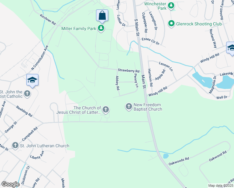 map of restaurants, bars, coffee shops, grocery stores, and more near 120 Abbey Road in New Freedom