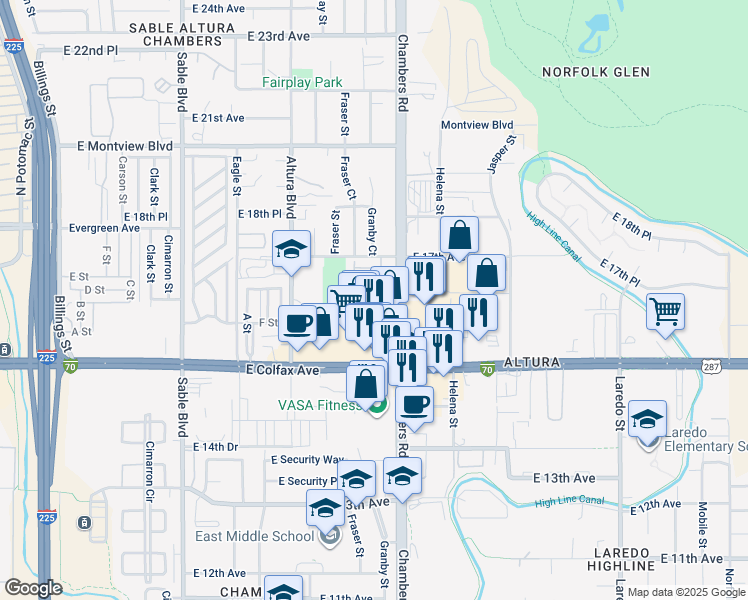 map of restaurants, bars, coffee shops, grocery stores, and more near 1613 Granby Way in Aurora
