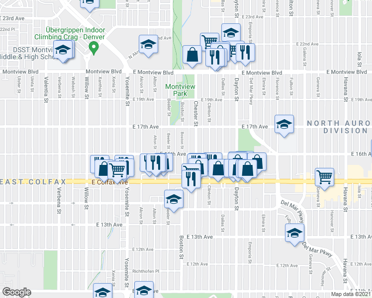map of restaurants, bars, coffee shops, grocery stores, and more near 1639 Boston Street in Aurora