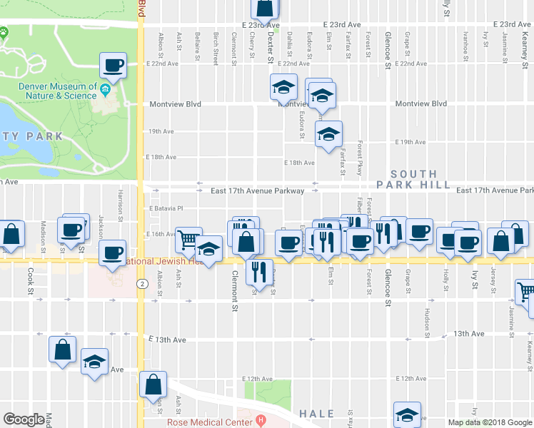map of restaurants, bars, coffee shops, grocery stores, and more near 1649 Dahlia Street in Denver