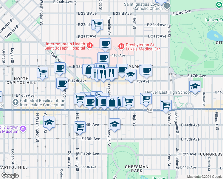 map of restaurants, bars, coffee shops, grocery stores, and more near 1645 Franklin Street in Denver