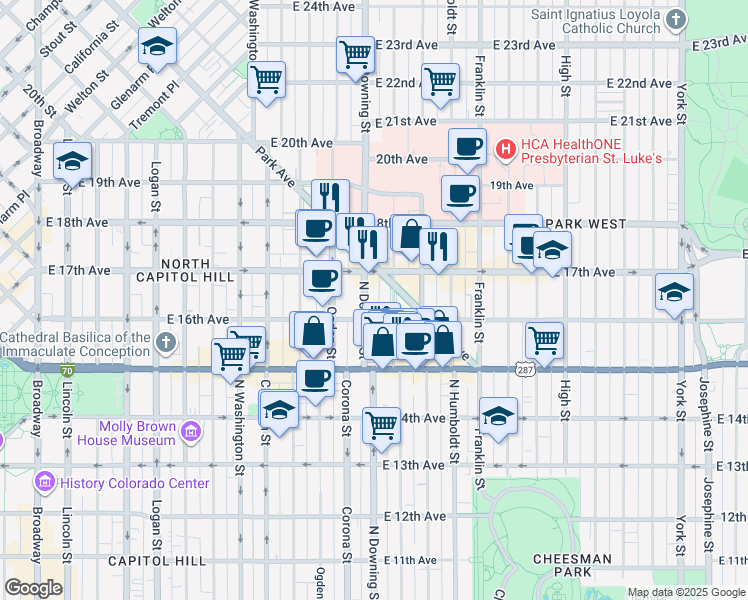 map of restaurants, bars, coffee shops, grocery stores, and more near 1640 North Downing Street in Denver