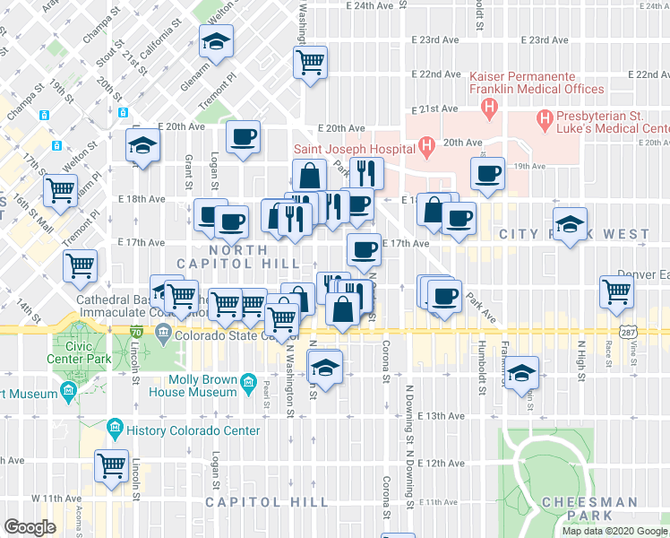 map of restaurants, bars, coffee shops, grocery stores, and more near 1644 Emerson Street in Denver