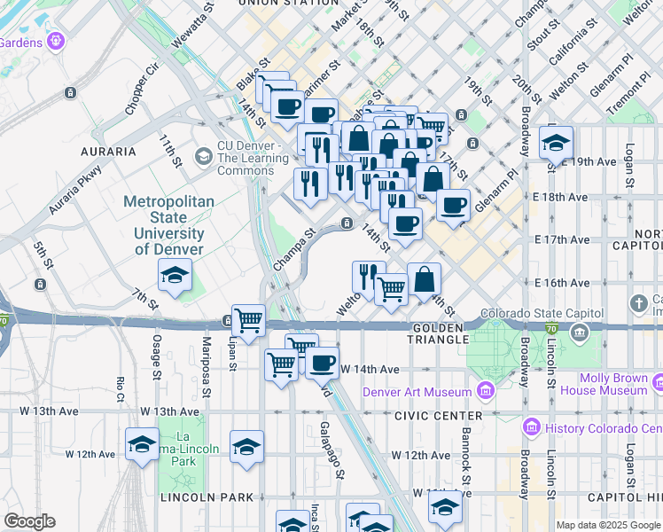 map of restaurants, bars, coffee shops, grocery stores, and more near 700 14th Street in Denver