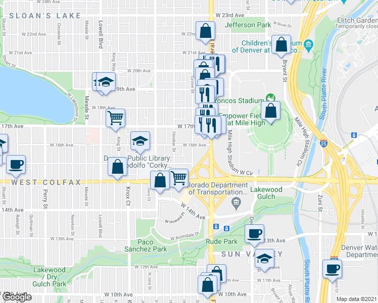 map of restaurants, bars, coffee shops, grocery stores, and more near 1593 Grove Street in Denver