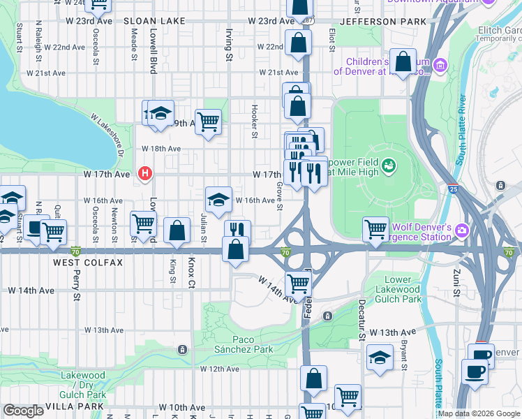 map of restaurants, bars, coffee shops, grocery stores, and more near 1597 Hooker Street in Denver
