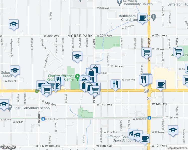 map of restaurants, bars, coffee shops, grocery stores, and more near 1625 Carr Street in Lakewood