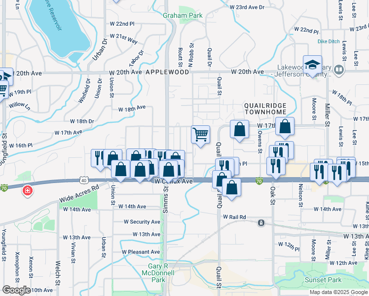 map of restaurants, bars, coffee shops, grocery stores, and more near 1633 North Robb Street in Lakewood