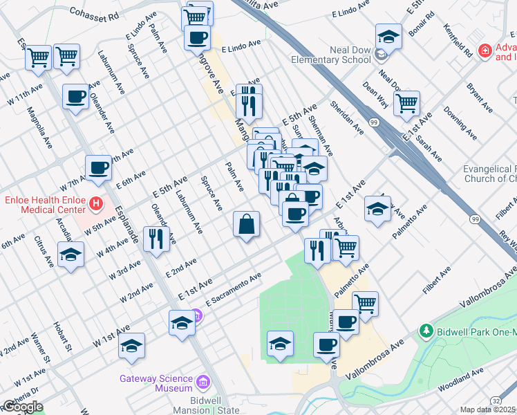 map of restaurants, bars, coffee shops, grocery stores, and more near 555 East 3rd Avenue in Chico