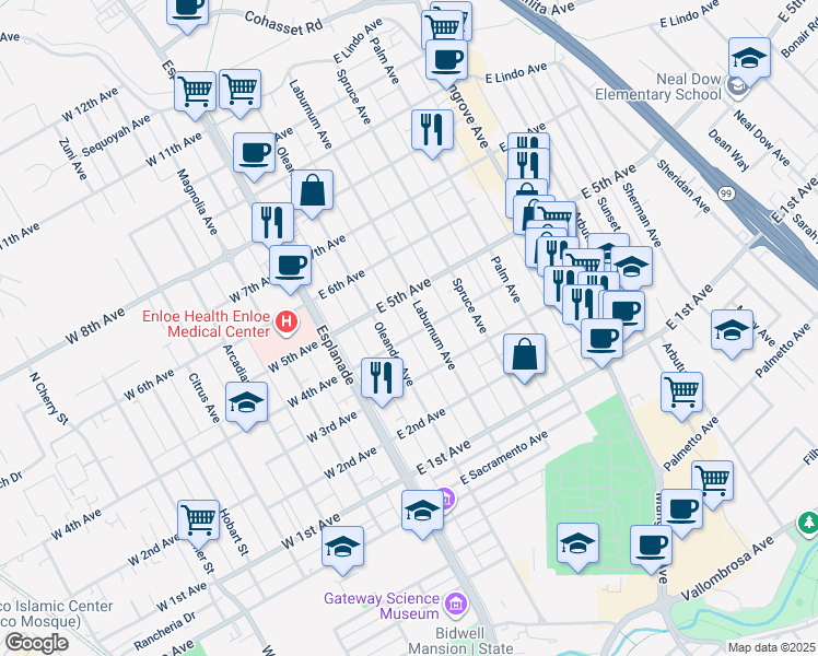map of restaurants, bars, coffee shops, grocery stores, and more near 1407 Laburnum Avenue in Chico