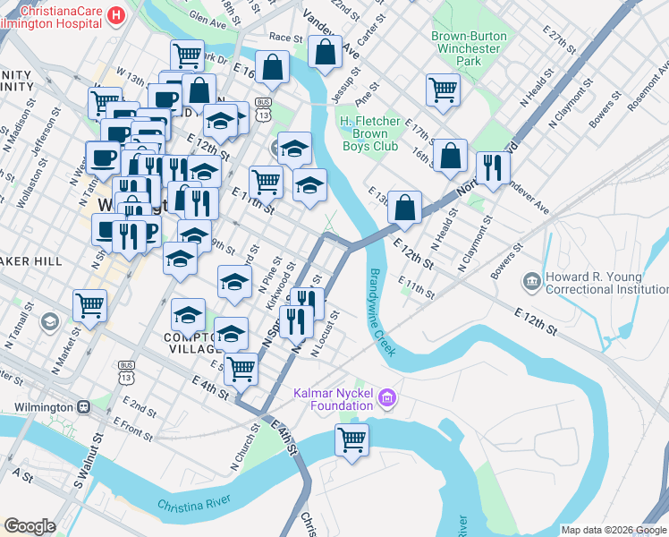 map of restaurants, bars, coffee shops, grocery stores, and more near 1020 North Church Street in Wilmington