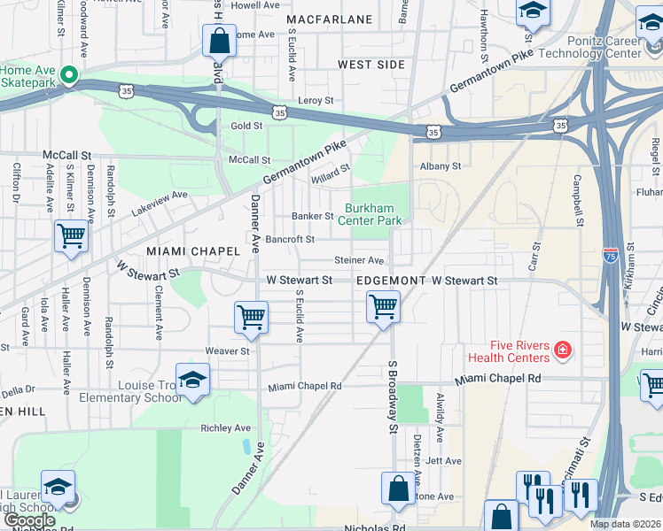 map of restaurants, bars, coffee shops, grocery stores, and more near 1438 Steiner Avenue in Dayton
