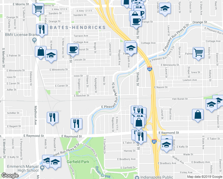 map of restaurants, bars, coffee shops, grocery stores, and more near 928 East Pleasant Run Parkway North Drive in Indianapolis