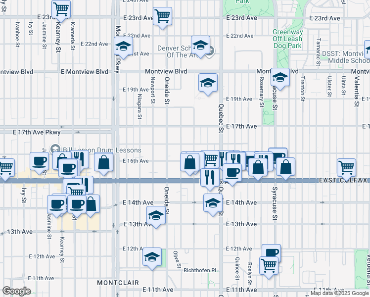 map of restaurants, bars, coffee shops, grocery stores, and more near 1645 Olive Street in Denver
