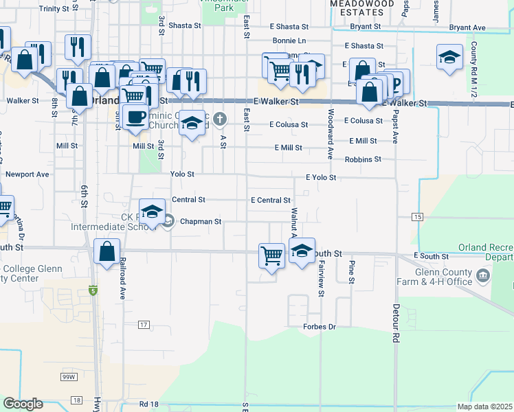 map of restaurants, bars, coffee shops, grocery stores, and more near 1233 East Street in Orland