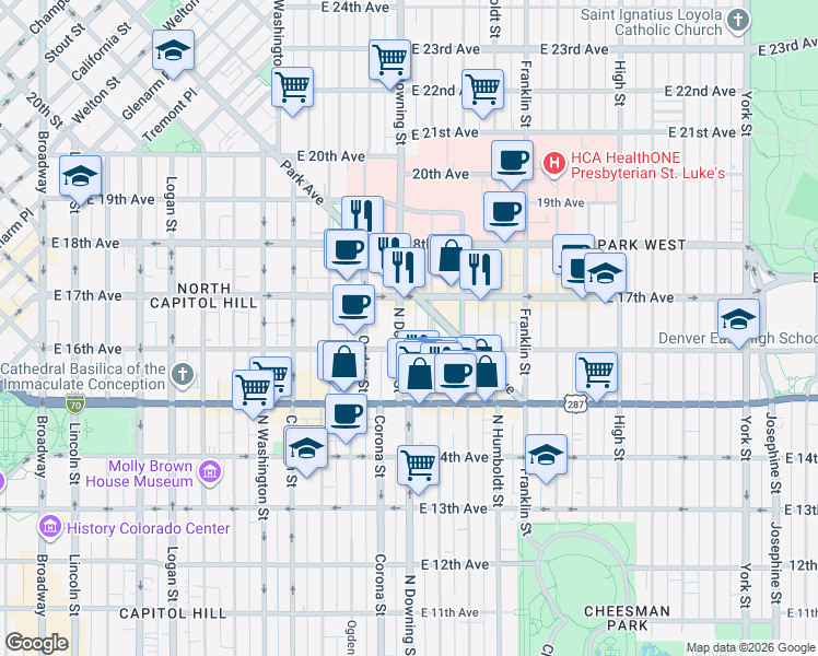 map of restaurants, bars, coffee shops, grocery stores, and more near 1640 North Downing Street in Denver
