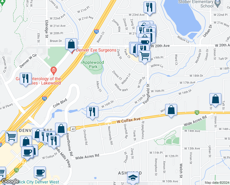map of restaurants, bars, coffee shops, grocery stores, and more near 13070 Willow Lane in Golden