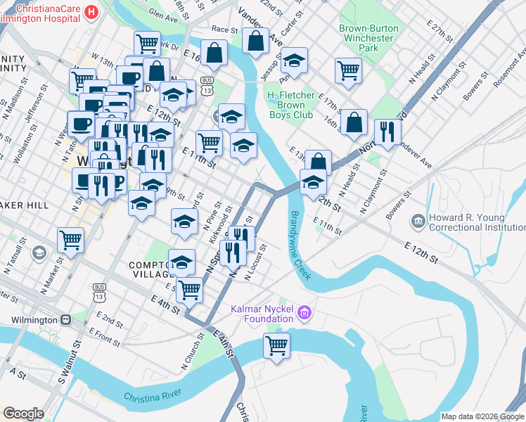 map of restaurants, bars, coffee shops, grocery stores, and more near 1020 North Church Street in Wilmington