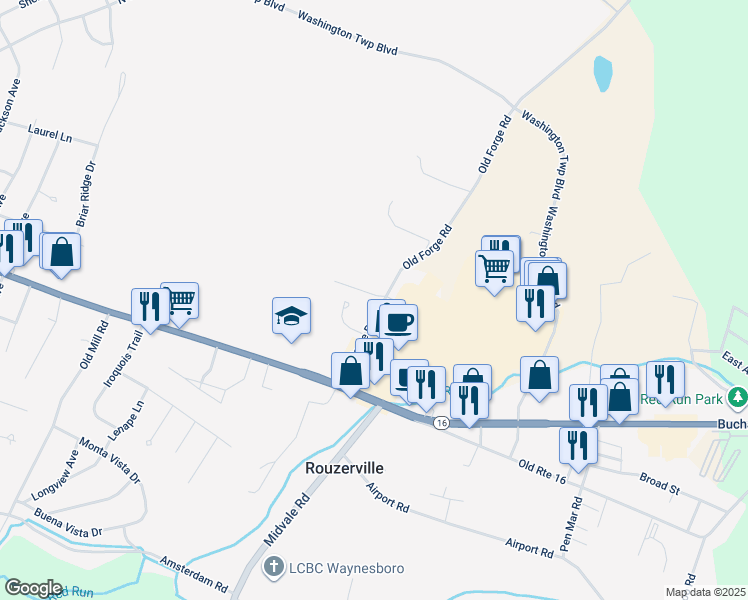 map of restaurants, bars, coffee shops, grocery stores, and more near 12855 Old Forge Road in Waynesboro