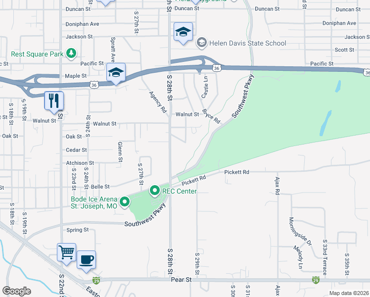 map of restaurants, bars, coffee shops, grocery stores, and more near 2605 South 28th Street in Saint Joseph