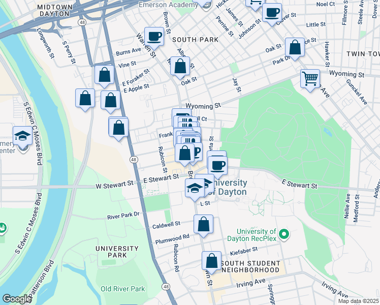 map of restaurants, bars, coffee shops, grocery stores, and more near 22 Woodland Avenue in Dayton