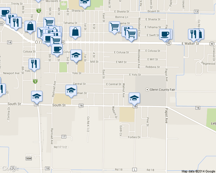 map of restaurants, bars, coffee shops, grocery stores, and more near 1233 East St in Orland