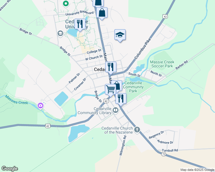 map of restaurants, bars, coffee shops, grocery stores, and more near 32 West Cedar Street in Cedarville