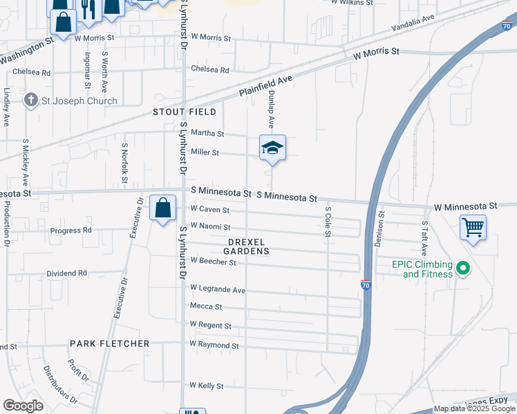 map of restaurants, bars, coffee shops, grocery stores, and more near 5046 West Caven Street in Indianapolis