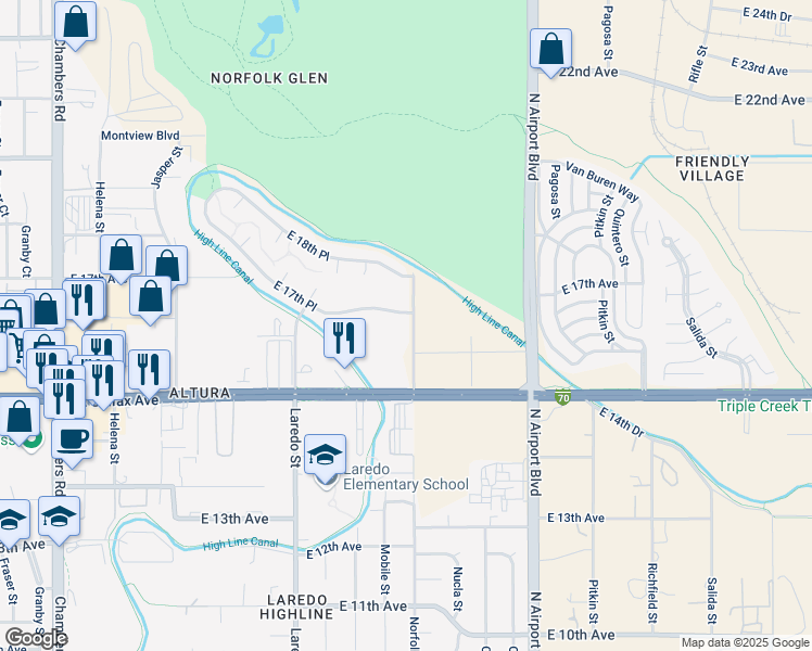 map of restaurants, bars, coffee shops, grocery stores, and more near 16486 East 17th Place in Aurora