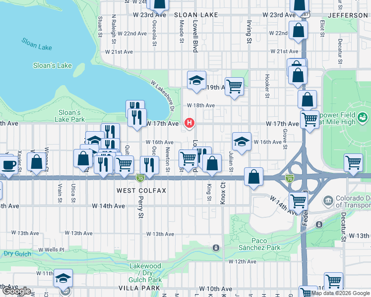 map of restaurants, bars, coffee shops, grocery stores, and more near 1591 Meade Street in Denver