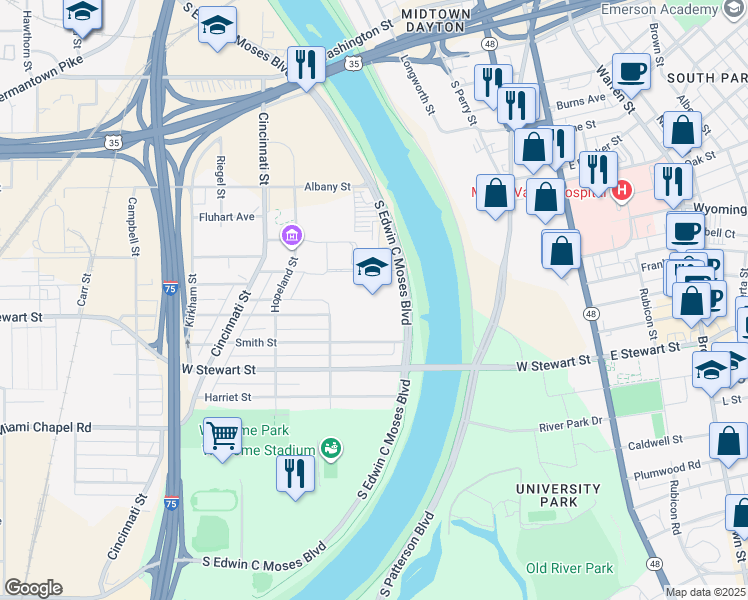 map of restaurants, bars, coffee shops, grocery stores, and more near 1133 South Edwin C Moses Boulevard in Dayton