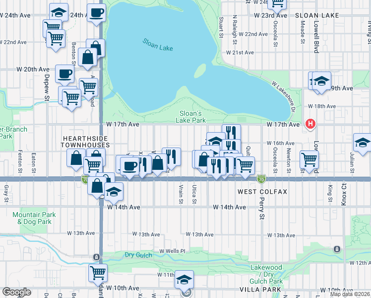 map of restaurants, bars, coffee shops, grocery stores, and more near 1600 Vrain Street in Denver