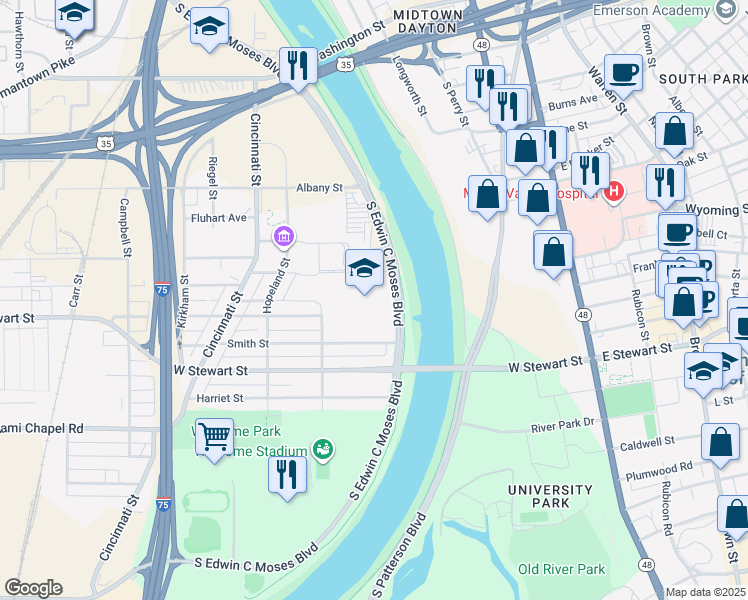 map of restaurants, bars, coffee shops, grocery stores, and more near 1133 South Edwin C Moses Boulevard in Dayton
