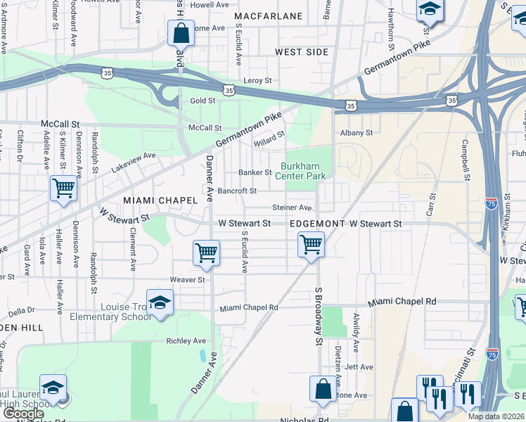 map of restaurants, bars, coffee shops, grocery stores, and more near 1438 Steiner Avenue in Dayton